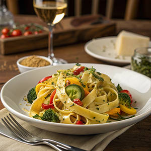 Fettuccine In Aglio Olio with Exotic Vegetables