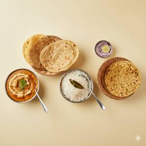 Butter paneer masala + Laccha paratha + Steamed rice + Missi roti                                                                         