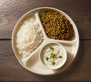Healthy Mung + Rice With Onion Raita [Mini Diet Thali]
