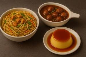Veg Hakka Noodles+ Manchurian Gravy+ Caramel Custard