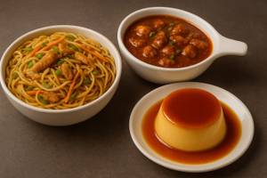 Chicken Hakka Noodles + Chilli Gravy + Caramel Custard