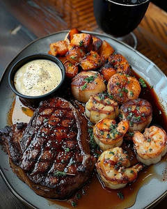 Steak With Buttery Prawns