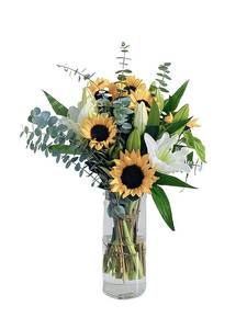Munmun Florist White Orintel Lily with sunflower arrangement