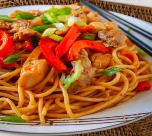 Schezwan baby corn noodles