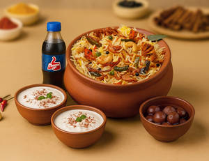 1 KG Veg Shahi Matka Biryani + Dessert + Thums Up