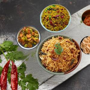 Kandi Podi Rice 450 Ml+plain Pulihora 250 Ml+veg 250 Ml+fryums+pickle