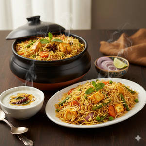 Veg Hyderabadi Dum Biryani With Tadka Raita