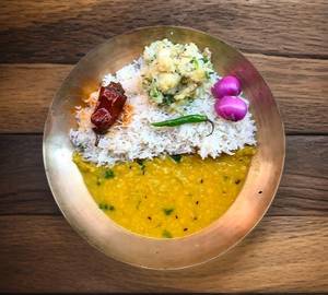 Chawal With Aloo Chokha And Dal Achar