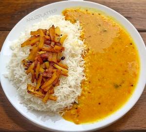 Chawal dal Aloo Bhurji Salad Achar  Dal
