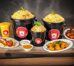 BUCKET BIRIYANI 6 MEMBERS+6 PCS BONE 65 + TANDOORI CHICKEN FULL+6 BOILED EGG
