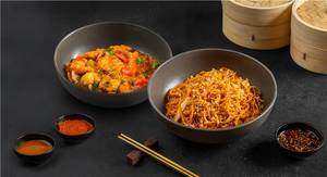 Burnt Chilli Hakka Noodles with Hot Garlic Sichuan Chicken