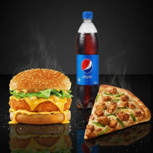 Chicken Burger + Chicken Slice Pizza + Soft Drinks