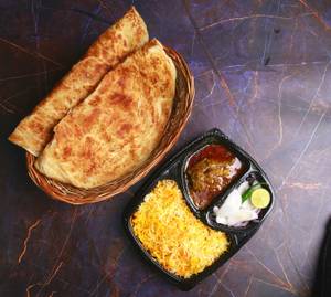 1 Pc Mutton Curry + Biryani Rice + 2 Pc Rumali Roti or 1Pc Mughlai Paratha + Salad + Raita
