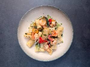Grilled Prawns Rigatoni Aglio E Olio