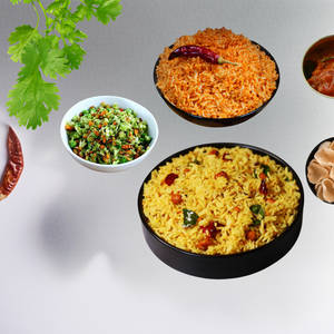 Plain Pulihora 450 Ml+karam Rice 250 Ml+veg 250 Ml+fryums+pickle