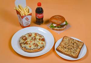 Chicken Pizza + Chicken Burger+ Fries + Garlic bread+ Coke