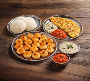 Idli (3) + Button Idle With Ghee Karam Podi (18 Pieces, One Rupee Coin Size ) + Omlette