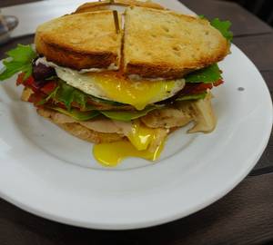 Fried egg and grilled chicken sandwich