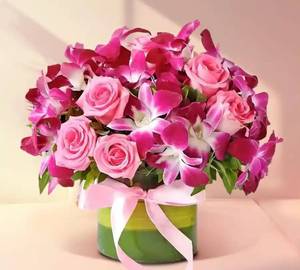  Pink Rose  Purple Orchid With Glass Vase
