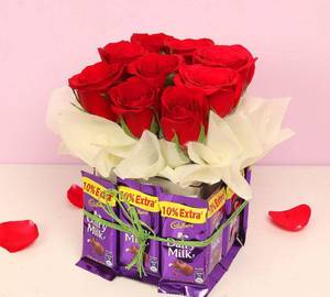 12 Cadbury Dairy Milk Chocolate, 9 Red Rose With 4/4 Vase