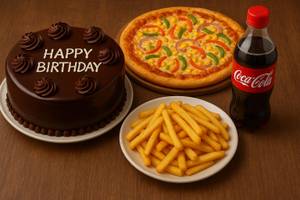 Choclate Cake + Veg Cheese Pizza +French Fries + Coke