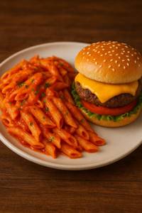 Half Red Sauce Pasta with Burger Combo