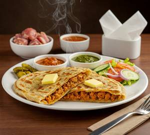 Chicken Paratha (02 Pcs) - With Curd, Tomato Sauce, Pickle, Green Chutney & Salad.