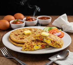 Masala Omlet Paratha (02 Pcs) - With Curd, Tomato Sauce, Pickle, Green Chutney & Salad.