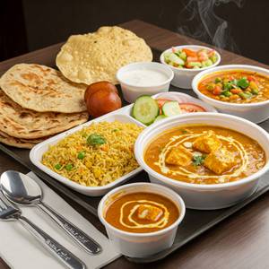 Maharaja Veg Thali (02 Paratha, Fried Rice, Paneer, Vegetable Sabji, Rasagulla, Curd, Salad, Pickle.