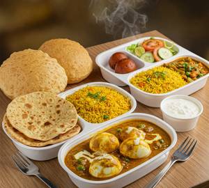 Maharaja Egg Thali (02 Paratha, Fried Rice, 03Egg Curry, Veg Sabji, 01Rasgulla, Curd, Pickle & Salad