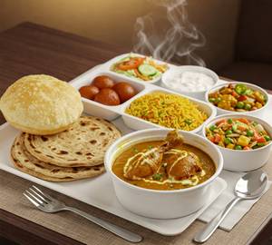 Maharaja Nonveg Thali (02 Paratha, Fried Rice, Chicken, VegSabji, 01Rasagulla, Curd, Salad & Pickle)