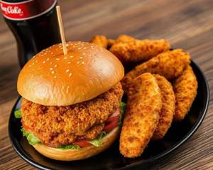 Crispy Chicken Burger With Boneless Chicken Strips (3 Pieces) And Soft Drink (1 Piece)