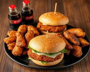 Crispy Chicken Burger (2 Pieces) With Chicken Wings (6 Pieces) And Soft Drink (2 Pieces)