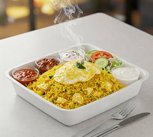 Egg Fried Rice (Served With Chutney, Pickle, Salad & Raita)