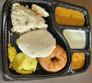 Mini breakfast[1 idli 1 vada 1 mini upma mini kesari 1 tea/1 Coffee chutney & sambar