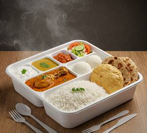 Deluxe Chicken Thali (02 Roti, Rice, Chicken Curry, Dal, Sabji, Chutney, Pickle, Salad & Rasgulla)