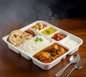 Classic Chicken Thali (02 Roti, Rice, Chicken Curry, Daal, Chutney, Pickle, Salad & Raita