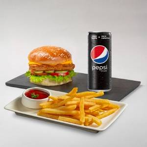 Spicy Chicken Burger With Fries & Pepsi Black Can