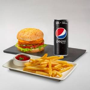 Spicy Paneer Burger With Fries & Pepsi Black Can