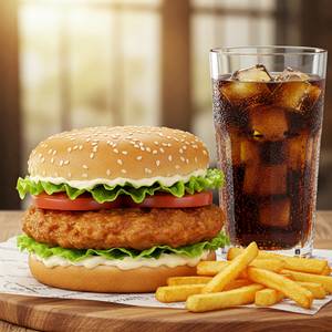 Chicken Burger + French Fries + Cold Drinks (250Ml)