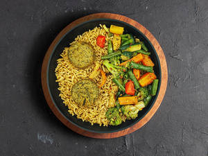 Corn And Spinach Kebab Brown Rice Biryani With Sauteed Vegetables