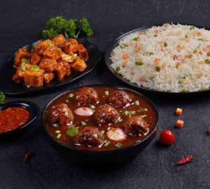 Veg Burnt Garlic Rice & And veg Manchurian Gravy and Paneer Chilly Dry