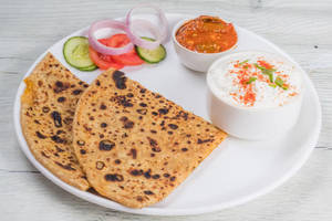 Paneer Pyaz Paratha + Curd + Pickle + Butter + Green Chutney