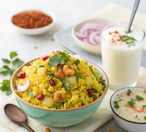 Chatpata Poha With Sweet Lassi / Boondi Raita