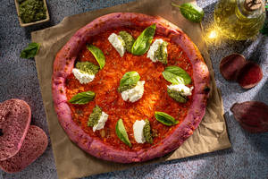 Beetroot Sourdough Pizza Marinara with Burrata & Pesto
