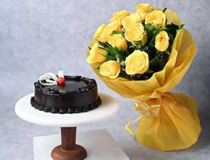 Choco Truffle Cake With Yellow Rose Bouquet