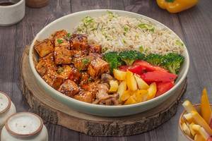 High Protein Paneer Teriyaki, Sautee Vegetables With Brown Rice