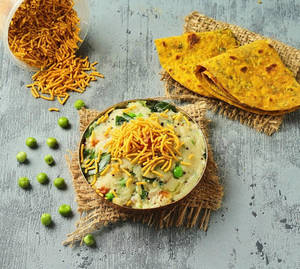 Upma And Sev With 2 Thepla.