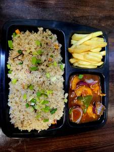 Veg Fried Rice With Pork Chilly Gravy With French Fries
