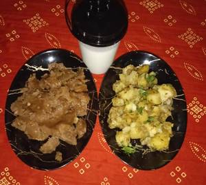 Falhar aloo + desi ghee singhada halwa+Curd